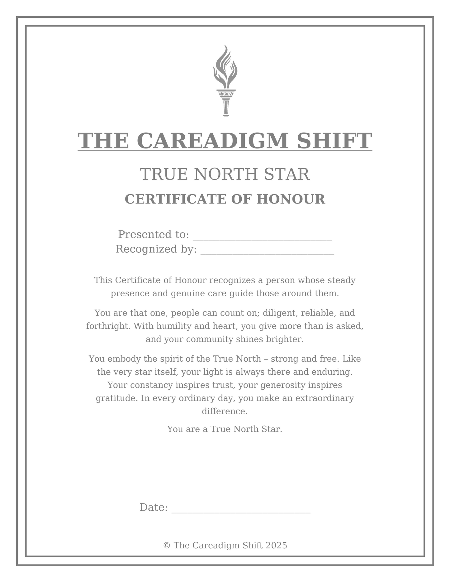The Careadigm Shift-True North Star-Certificate of Honour