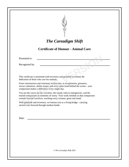 The Careadigm Shift-Animal Care-Ancient Roots-Certificate of Honour